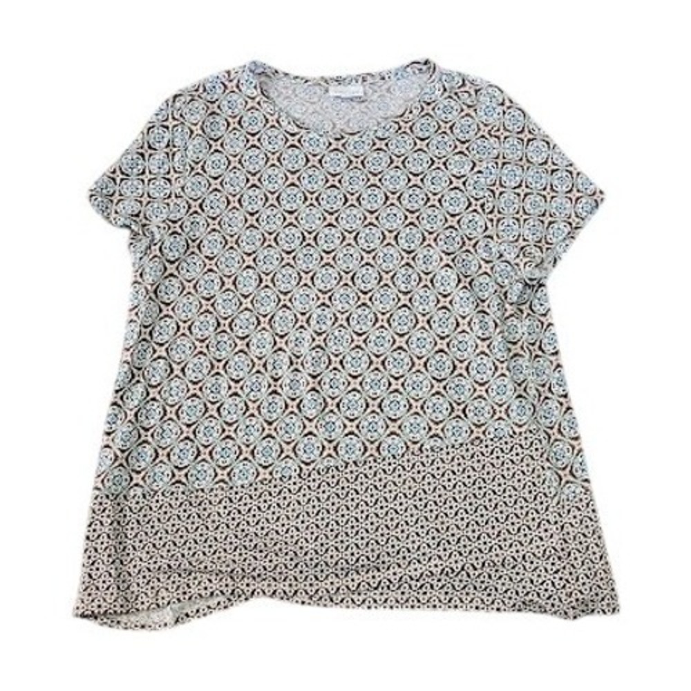 J. Jill Love Linen Top Womens Large Blue Brown Geometric Tile Print Short Sleeve